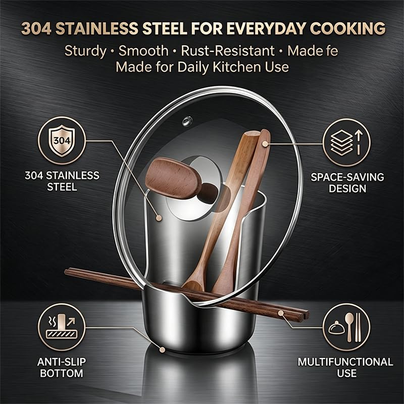 ⚡Free Shipping⚡Spoon Rest with Pot Lid Holder, Stainless Steel Vertical Rack,Deep Drip Catcher Utensil Rest for Spoons, Spatulas & Ladles, Heat Resistant Durable Countertop Organizer