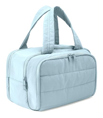 Travel Toiletry Bag for Women, Large Wide-open Puffy Cosmetic Makeup Bag with Wet-Dry Separation, Multi-Pocket Organizer with Carry Handle for Toiletries, Cosmetics, Essentials, Camel
