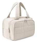 Travel Toiletry Bag for Women, Large Wide-open Puffy Cosmetic Makeup Bag with Wet-Dry Separation, Multi-Pocket Organizer with Carry Handle for Toiletries, Cosmetics, Essentials, Camel