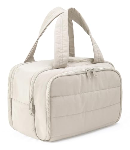 Travel Toiletry Bag for Women, Large Wide-open Puffy Cosmetic Makeup Bag with Wet-Dry Separation, Multi-Pocket Organizer with Carry Handle for Toiletries, Cosmetics, Essentials, Camel