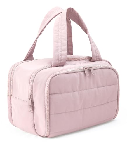 Travel Toiletry Bag for Women, Large Wide-open Puffy Cosmetic Makeup Bag with Wet-Dry Separation, Multi-Pocket Organizer with Carry Handle for Toiletries, Cosmetics, Essentials, Camel