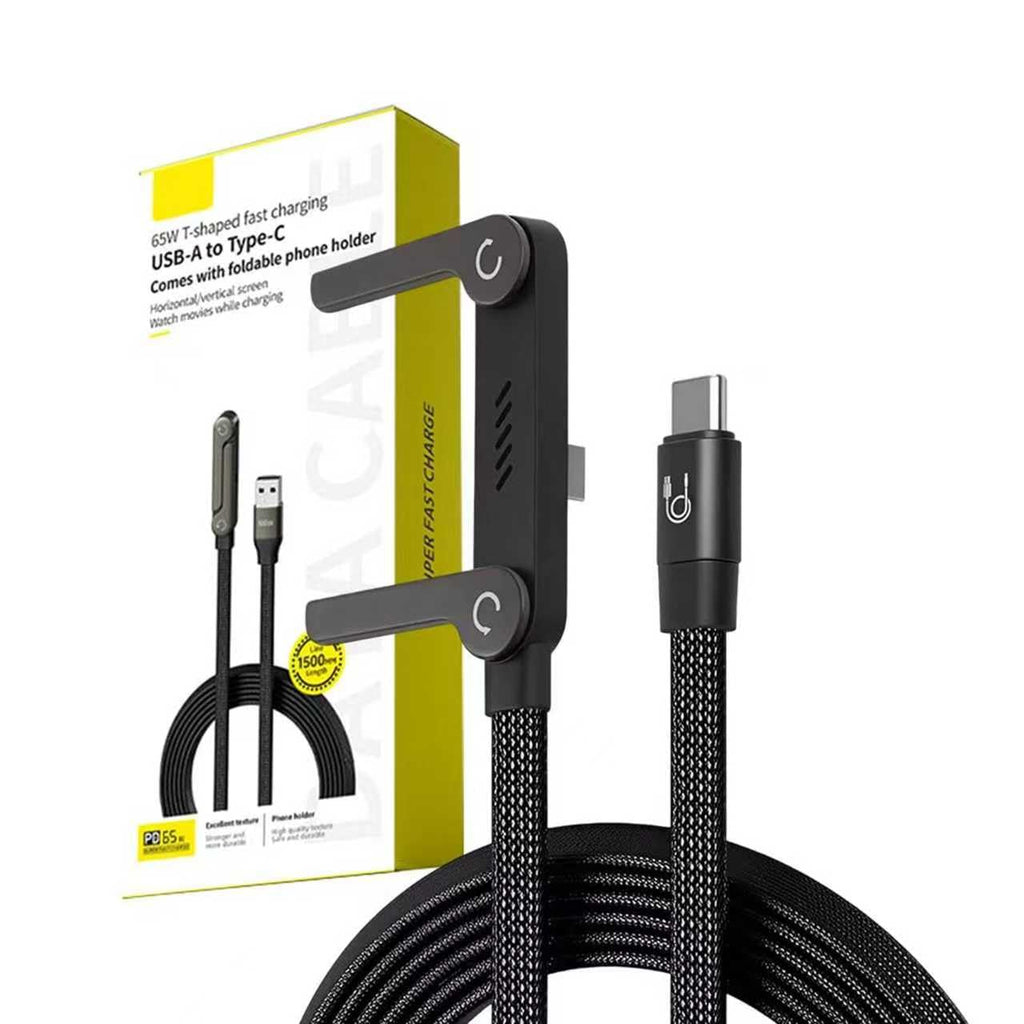 240W Braided USB-C to USB-C Fast Charge Cable with Built-in Foldable Phone Stand, T-Shaped Durable Charging Cord, 1.5M Length, Compatible with Smartphones, Tablets, and Laptops (Black, 1 Pack)