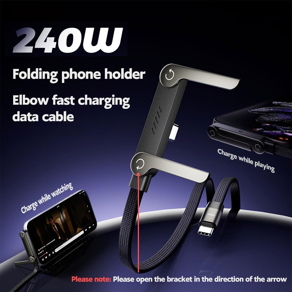 240W Braided USB-C to USB-C Fast Charge Cable with Built-in Foldable Phone Stand, T-Shaped Durable Charging Cord, 1.5M Length, Compatible with Smartphones, Tablets, and Laptops (Black, 1 Pack)