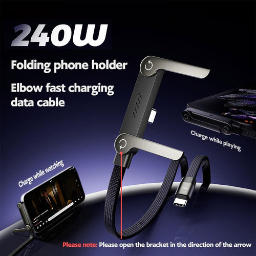 240W Braided USB-C to USB-C Fast Charge Cable with Built-in Foldable Phone Stand, T-Shaped Durable Charging Cord, 1.5M Length, Compatible with Smartphones, Tablets, and Laptops (Black, 1 Pack)