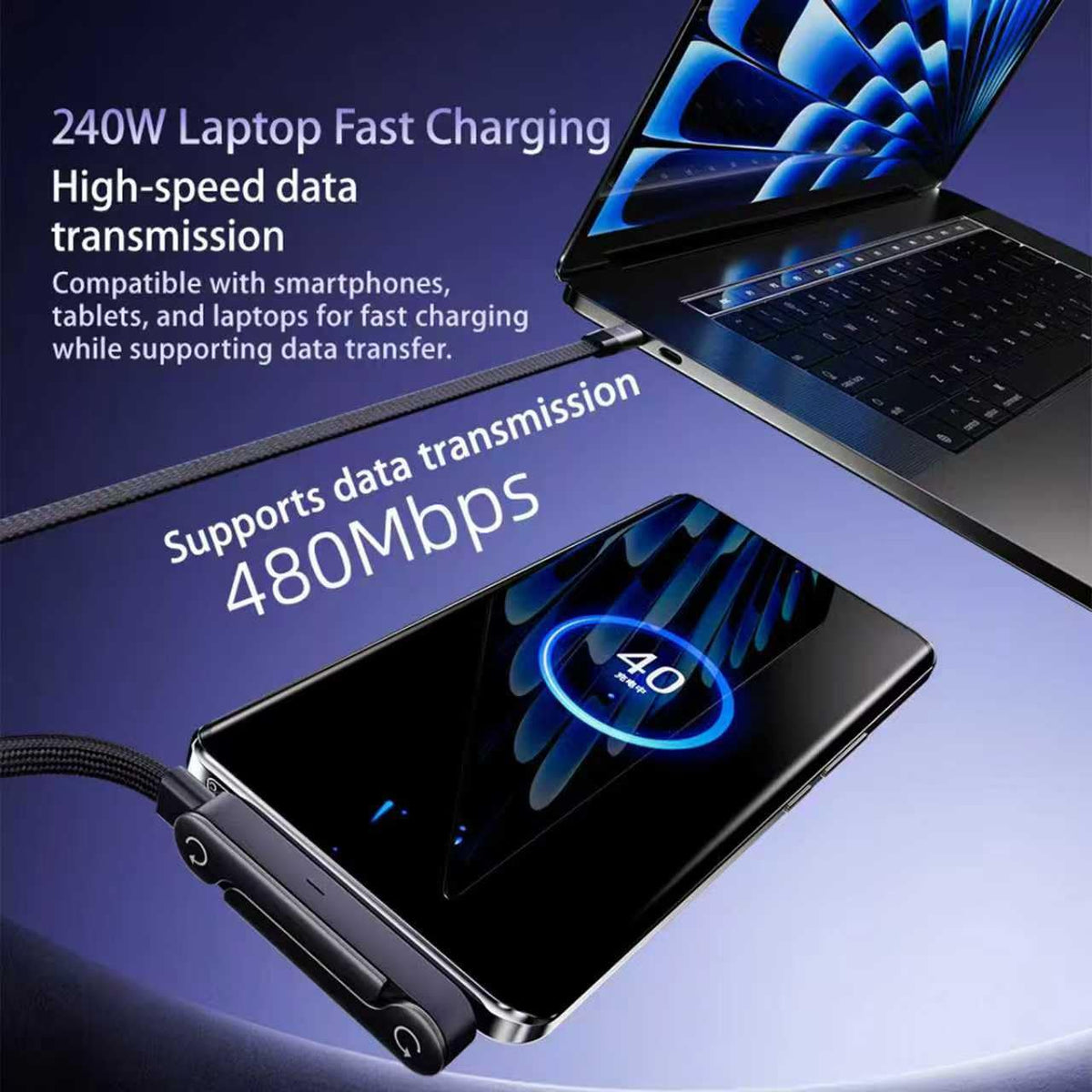 240W Braided USB-C to USB-C Fast Charge Cable with Built-in Foldable Phone Stand, T-Shaped Durable Charging Cord, 1.5M Length, Compatible with Smartphones, Tablets, and Laptops (Black, 1 Pack)