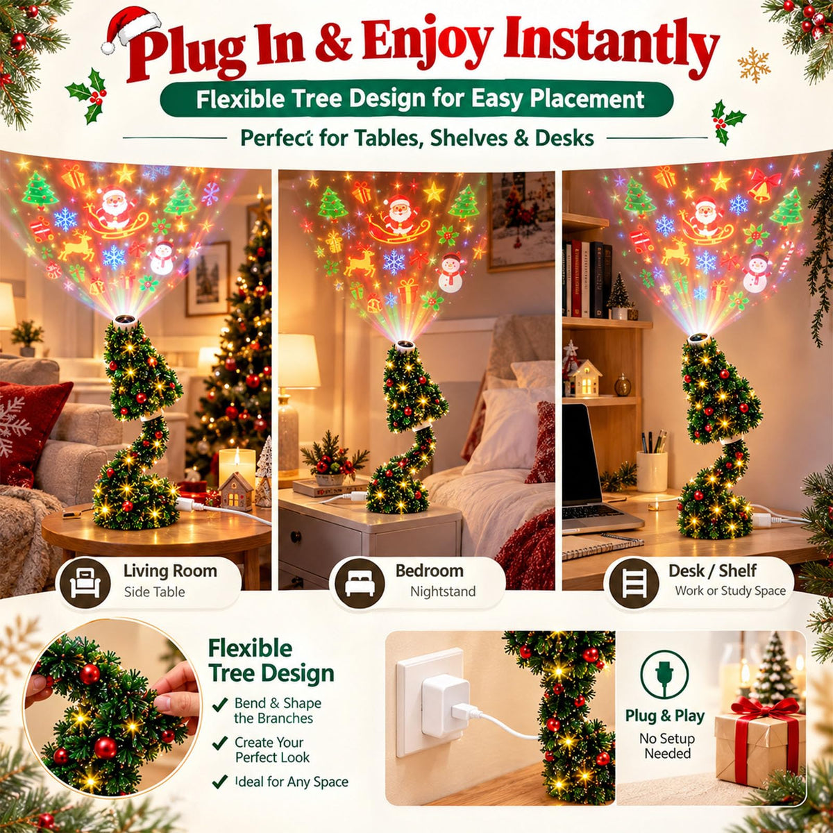 Portable LED Christmas Tree Projection Light USB Projector Holiday Decoration for Indoor Festive Atmosphere